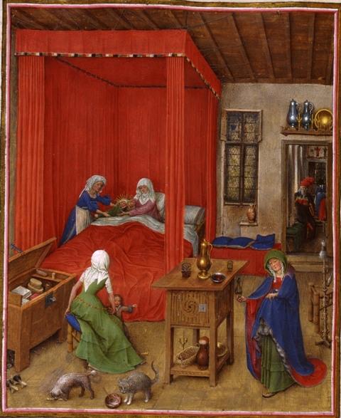 Jan van Eyck, De geboorte van Johannes de Doper, Turijns-Milanese getijdenboek, fol. 93v, Turijn, Palazzo Madama, Museo Civico.