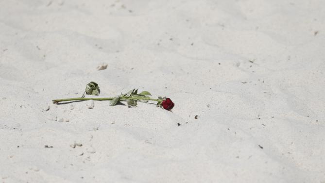 A flower lays on a beach was the site of a shooting attack in Sousse, Tunisia, Saturday, June 27, 2015. The morning after a lone gunman killed dozens of people at a beach resort in Tunisia, busloads of tourists are heading to the nearby Enfidha-Hammamet airport hoping to return to their home countries. (AP Photo/Darko Vojinovic)